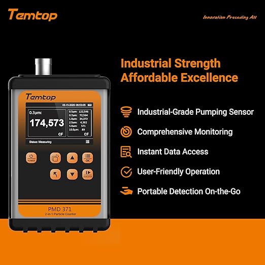 Temtop PMD371 Professional Particle Counter: Comprehensive Portable Particulate Sensor for Cleanrooms, Laboratories, and Environmental Monitoring