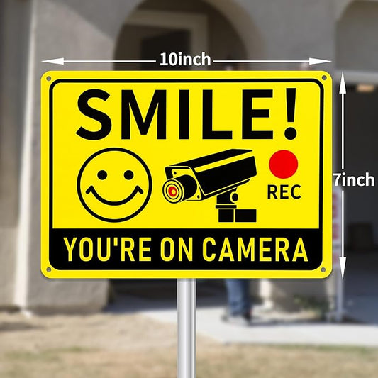 4 Pack Smile You're on Camera Signs – Video Surveillance Signs Outdoor, 10"x7" Rust-Free Aluminum Warning Sign, UV Printed, Weatherproof Security Camera Sign for Home, Business, Fence, Driveway, CCTV