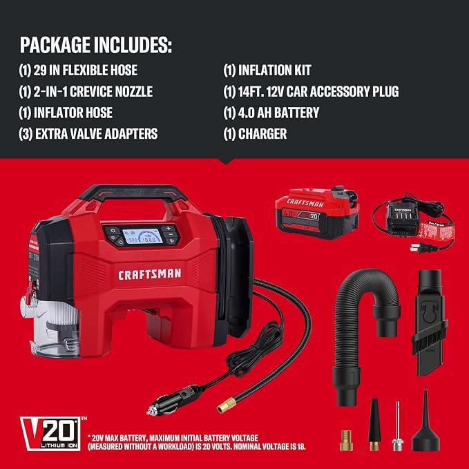 CRAFTSMAN 3-in-1 Tire Inflator Portable Air Compressor 160 PSI with Battery | Cordless pump/Car Vacuum/Dust Blower with 4.0Ah Battery & 12V Charger & LED Light for Car, Bike, Ball, Inflatable Mat & SUP