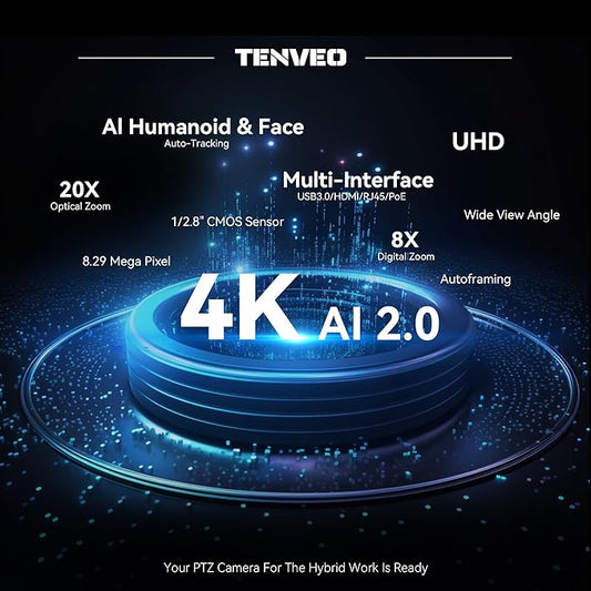 Tenveo 4K PTZ Camera, AI Humanoid & Face Auto-Tracking, 20X Optical + 8X Digital Zoom, USB3.0/HDMI/LAN PoE IP Live Streaming for Church Worship Broadcast Events Video Conference YouTube OBS