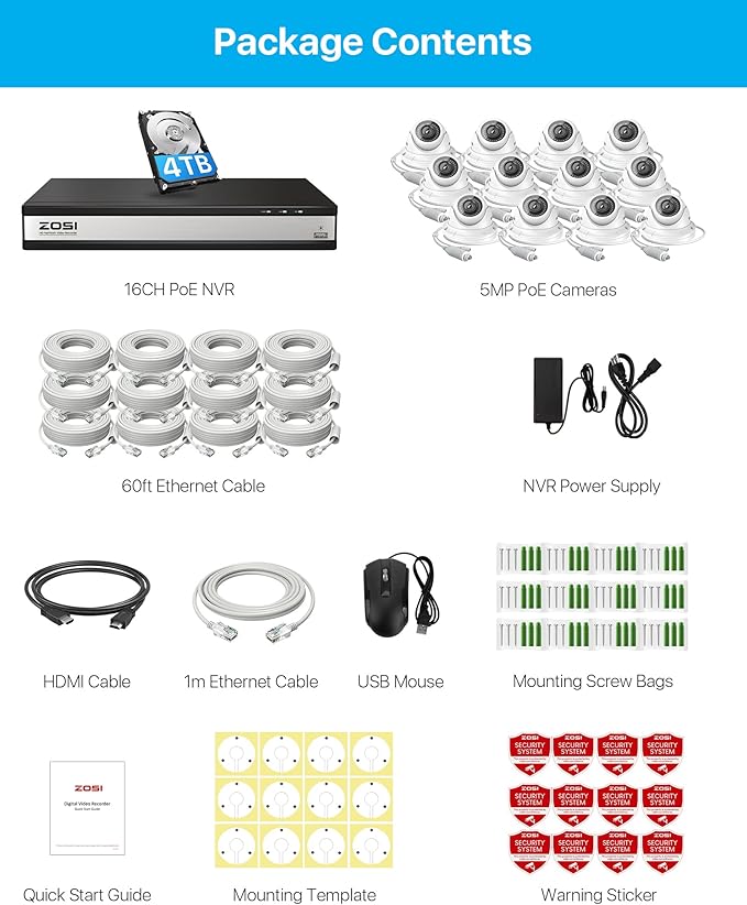 ZOSI 4K 16 Channel POE Security Camera System with 4TB HDD, 12pcs 5MP Outdoor Indoor Dome PoE IP Camera, 16CH 8MP Surveillance NVR Recorder,80ft Night Vision,Remote Access,for Home 24-7 Recording