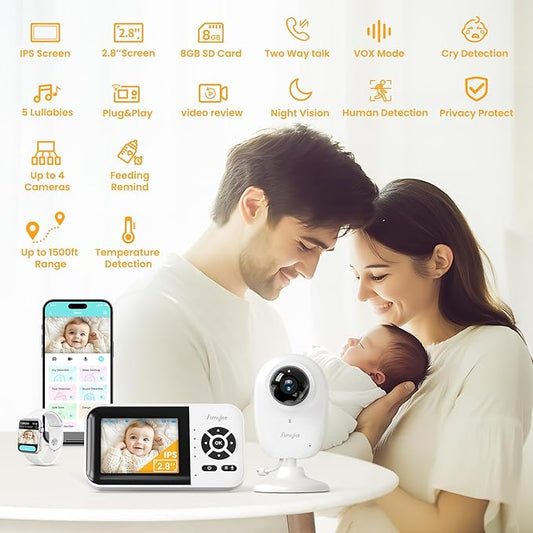 Simyke Smart Baby Monitor with SD Card,WiFi 1080P AI Cam with Phone App,2.8'' IPS Display,AI Face Tracking&Sound Detection,Auto Night Vision,2-Way Talk,Multi-User,Triple Security,1500ft Long Range