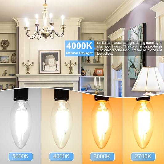 GOLSPARK Dimmable E12 LED Bulb 40W Equivalent, 4000K Natural Daylight Candelabra LED Light Bulbs 4W, 400LM, CRI 85+, Type B Bulb, Clear Filament Candle Light Bulbs for Chandelier Ceiling Fan, 6 Pack