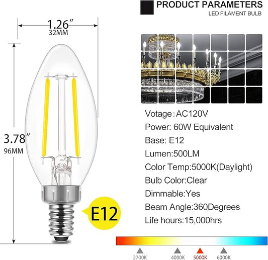 E ENERGETIC LIGHTING LED Candelabra Light Bulbs B10, Daylight 5000K, E12 Base, 60 Watt Equivalent Chandelier LED Edison Bulbs, Dimmable, 8 Pack