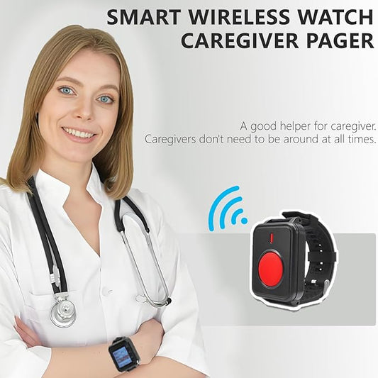 Wireless Caregiver Call Button Watch for Elderly at Home | Waterproof Wrist Wear Alert Button for Seniors | Long Range Emergency Wrist Alarm with Loud Sound for Family Nurse