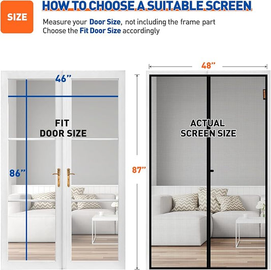 MAGZO Magnetic Screen Door Fit Door Size 46 x 86 Inch, Screen Size 48" x 87" Strong Magnet French Style Mesh, Heavy Duty Polyester Mesh with Hook & Loop for Sliding Entrance, Gray