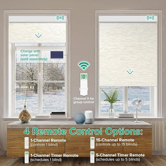 Motorized Roller Shades, 10O% Blackout Remote Control Custom Window Shades Compatible with Alexa Google Assistant via RF Hub, Rechargeable Electric Blinds for Windows (Texture Light Coffee)