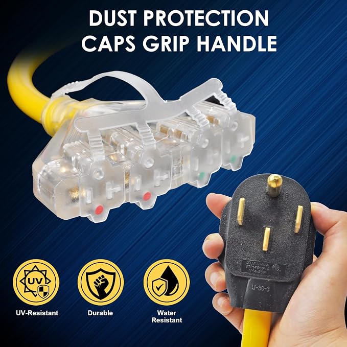 50 Amp to 110 Adapter NEMA 14-50P to 4X 5-20R Household with Dust Caps