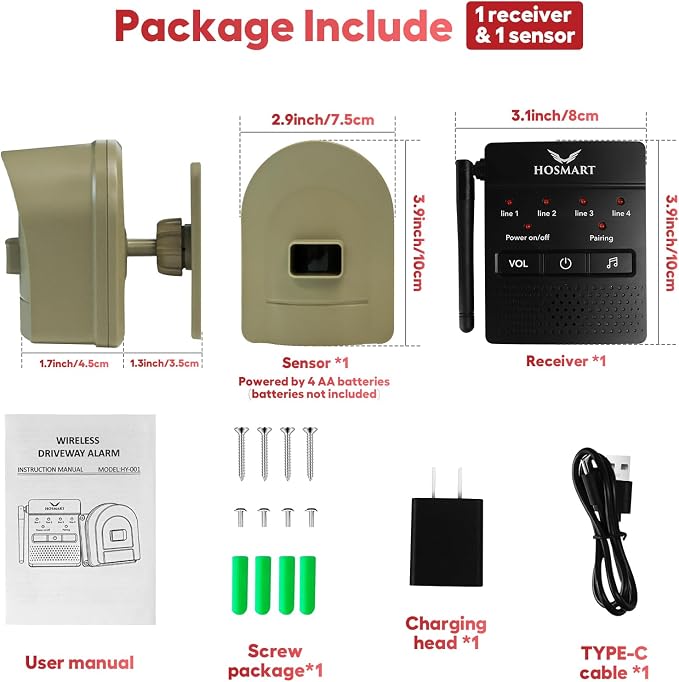 1/2 Mile Hosmart Driveway Alarm Wireless Motion Sensor System | Driveway Sensor Alert System Weatherproof Security Outdoor Motion Sensor & Detector Protect Outdoor/Indoor Property