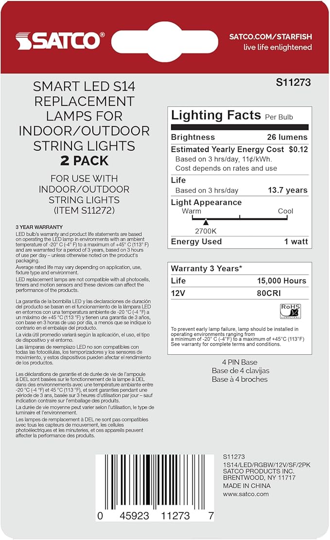Satco S11273 1W S14 LED Replacement String Light Lamp, RGBW, Starfish IOT, Dimmable, 2700K Warm White and RGBW Color Changing, 26 Lumens, Clear, 4-Pin Base, 12V, Wet Location, 2 Bulbs Card (4 Pack)