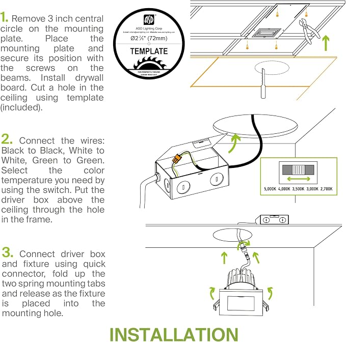 ASD 2 Inch LED Recessed Lighting with Junction Box, 8W 600 Lm, Dimmable Anti-Glare Downlight, 2700K/3000K/3500K/4000K/5000K Selectable, CRI 90+, Square White Trim, IC Rated, ETL, Energy Star, 18 Pack