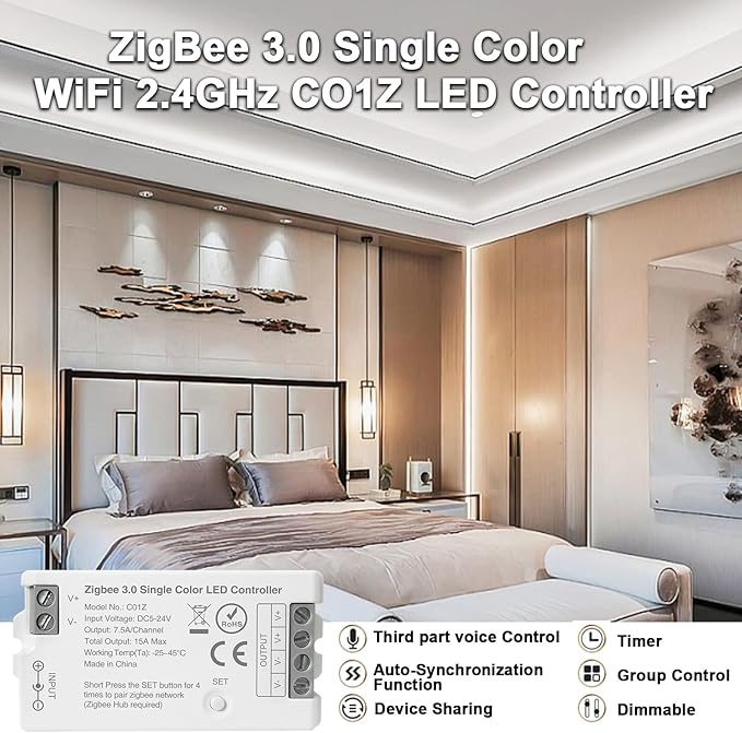 Tuya Zigbee 3.0 Single Color LED Strip Controller PWM Dimmer 2 Pin V+ V- DC 5V 12V 24V Max 15A Compatible with Alexa Echo Plus 4th Gen Tuya Gateway for FCOB COB 5050 2835 LED Light