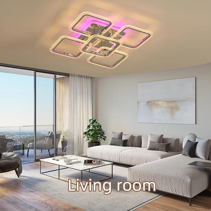 80W Dimmable LED Ceiling Light, 5-Square Flush Mount, Chrome | 4800LM Remote Control Ceiling Light Fixture, 3000K-6000K, 22in Modern Lighting for Living Room Bedroom Kitchen Dining Room