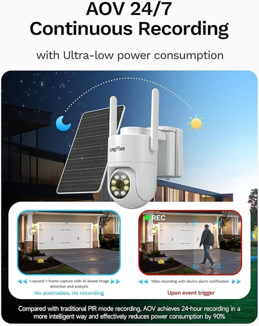 Solar Security Cameras Wireless Outdoor: 2K 4MP AOV 24/7 Continuous Recording Security Camera Wireless, 2.4G/5G Dual Band WiFi Camera with SD Card, Solar Powered, Color Night Vision, 2-Way Talk