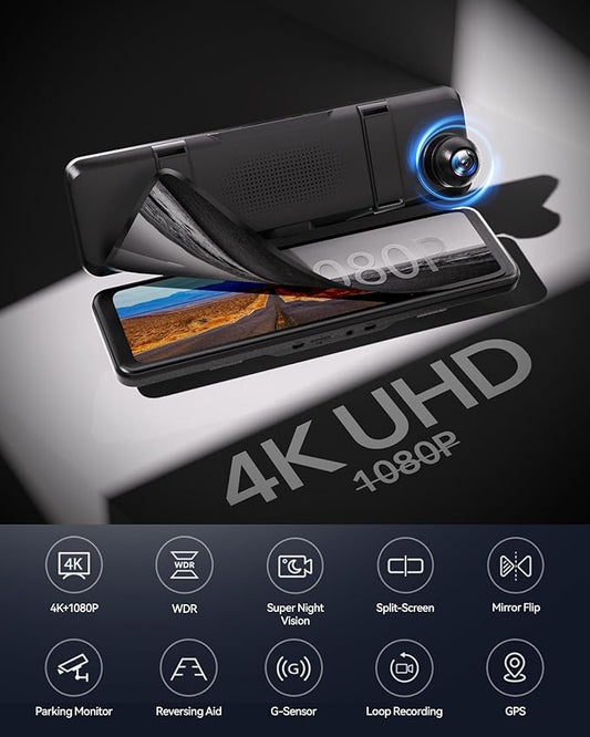 REDTIGER T700 Rear View Mirror Camera 11'' 4K UHD Front and 1080P Mirror Dash Cam Front and Rear, GPS,Parking Monitor,Night Vision,Smart Reverse Parking Assistance,Touch Screen, 32 GB Card