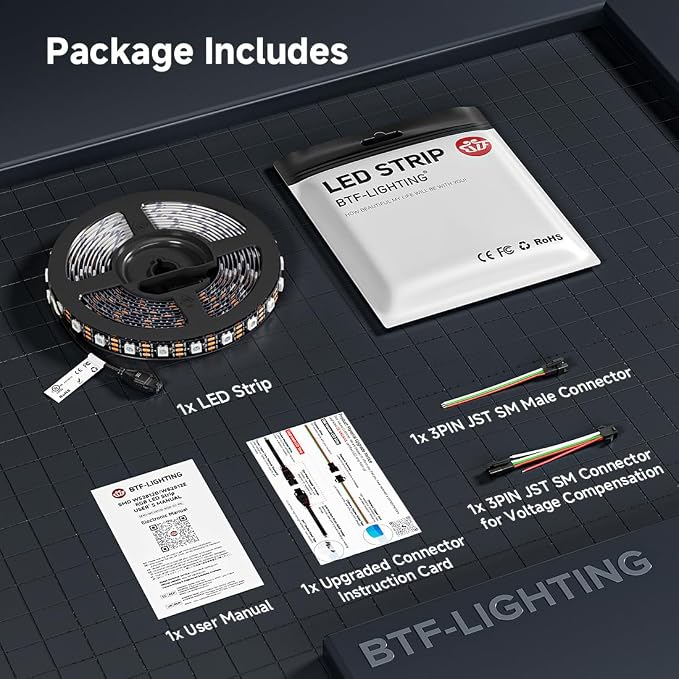 BTF-LIGHTING WS2812B IC RGB LED Strip,UL Listed,Pure Gold Wires,DC5V 16.4FT 300LED 5050SMD,Individually Addressable,Flexible for DIY Chasing Full Color Project,3M Tape,IP65(No Adapter or Controller)