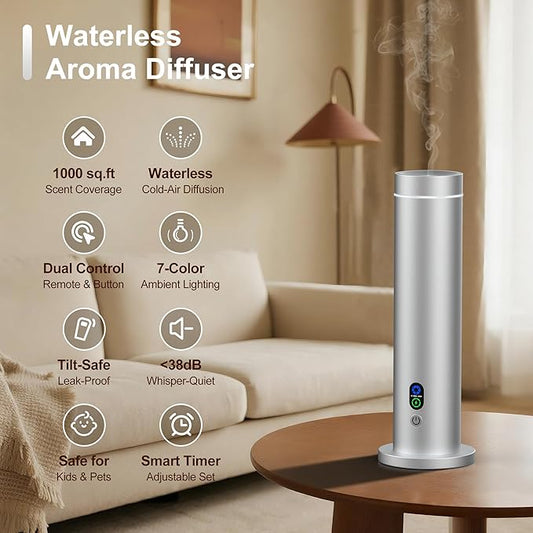 Maromalife Waterless Diffuser, Essential Oil Diffuser, 1000 Sq.Ft Coverage Scent Diffuser β Plug-in Only, Adjustable Mist, Remote, Mood Lights for Home & Office, Large Room, Hotel, Silver