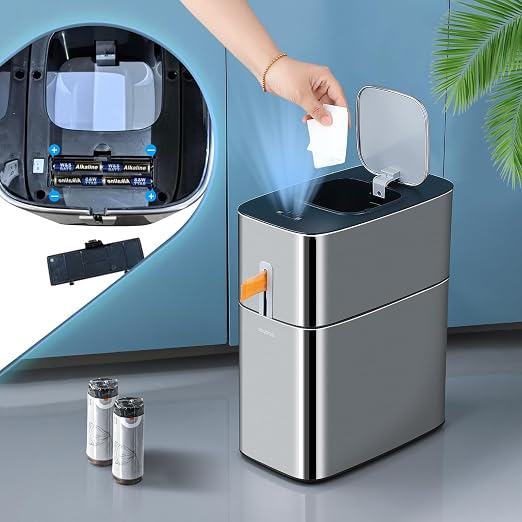 MOPUP Bathroom Trash Cans with Lids | 4.5 Gallon Motion Sensor Stainless Steel Automatic Privacy Garbage Can | Smart Dogproof Trash Bin for Bedroom,Office,Toilet,RV