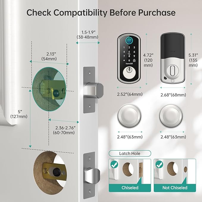 WiFi Smart Door Lock:Hornbill keyless Entry Door Lock with Handle,Fingerprint Smart Lock with 2 Knobs, Alexa Bluetooth Remote APP Control,Auto Locking for Home Hotel,Satin Nickel