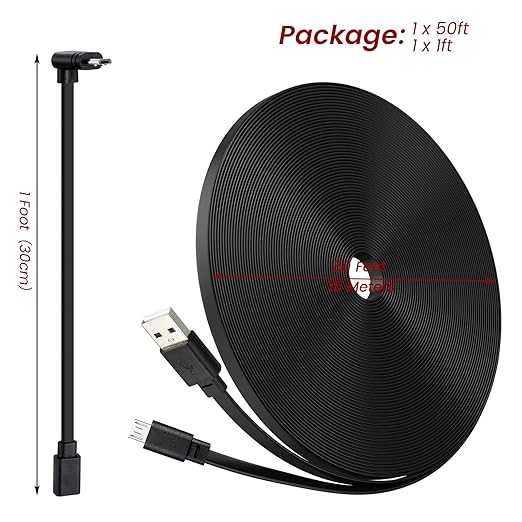 50ft Power Cord for Wyze Cam v4, Wyze Cam Pan v3, Wyze OG, Wyze v3 Pro Security Cameras - 15m Long Flat Extension Micro USB Charging Cable with L-Shaped Short Adapter and 18W Fast Charger, Black