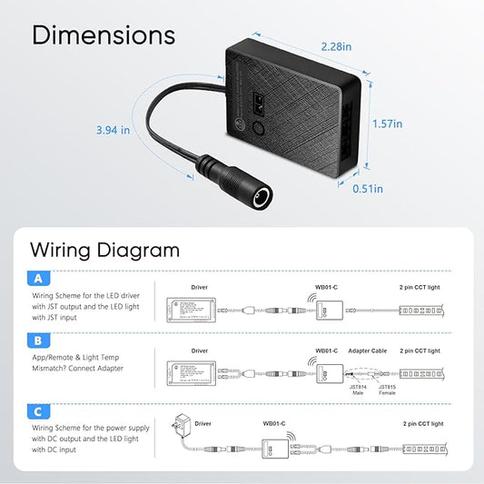 VST CCT LED Strip Controller, 2.4GHz WiFi Remote Control, Voice Control via Alexa & Google Assistant, App Control (Tuya), Touch Dimmer for Brightness & Color Temperature, 12V/24V 5A (Max 60W/120W)