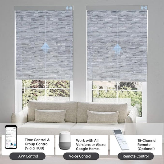 Motorized Blinds with Remote, Light Filtering Smart Blinds for Windows Automatic Roller Shades Compatible with Alexa, Motorized Shades Customized for Living Room Home Office (Jacquard Grey)