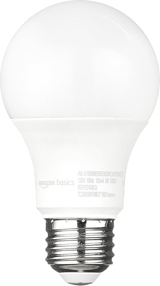 Amazon Basics A19 Dusk to Dawn Sensor LED Outdoor Light Bulbs, 60W Equivalent, Energy-Efficient 9W, Daylight 5000K, E26 Base, Auto On/Off, Porch, 10,000 Hours, 2-Pack