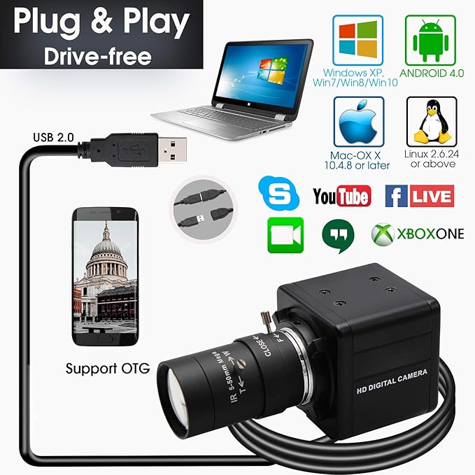 SVPRO 4K Ultra HD Webcam USB Digital Industrial Camera with CS Mount 5-50mm Telephoto Zoom Manual Lens UVC Free Drive,10X Optical Zoom Video Camera with Sony IMX317 Sensor