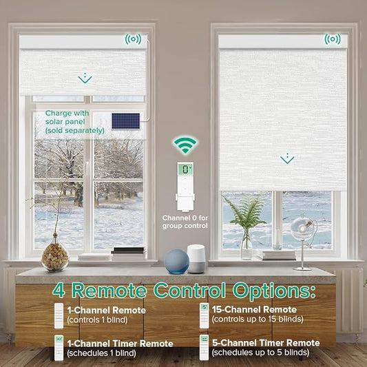 Motorized Roller Shades, 10O% Blackout Remote Control Custom Window Shades Compatible with Alexa Google Assistant via RF Hub, Rechargeable Electric Blinds for Windows (Texture White)