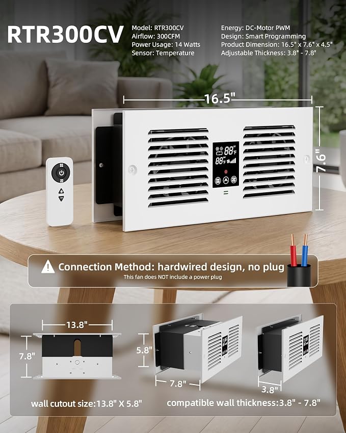 Hardwired Reversible Room to Room Fan, 300 CFM Through Wall Fan | No Plug, 2-Way Airflow, Remote Control, Thermostat 35F-99F, 5 Speeds, Fits 3.8-7.4 in Walls, Bedroom, Kitchen, Laundry