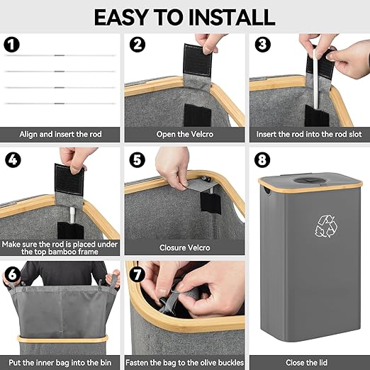 Recycling Bin for Kitchen, 26 Gallon 100L Indoor Home Recycle Bin with Lid and 2 Removeable Reusable Inner Bags, for Bottles, Cans, Glass, Plastic & Stickers, Grey