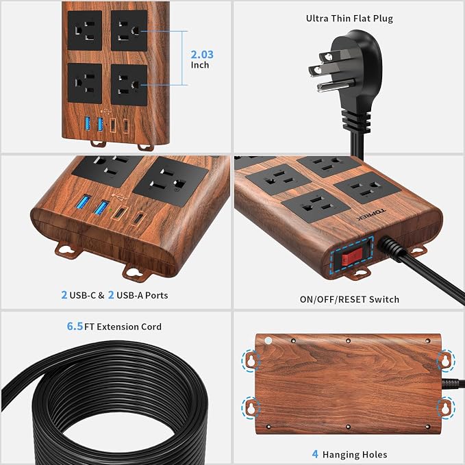 TOPREK Surge Protector Power Strip (2100J), 6 Widely-Spaced Outlets with 2 USB-C & 2 USB-A, 6.5 FT Extension Cord with Ultra-Thin Flat Plug, Wood Finish Power Strip with USB for Home, Office
