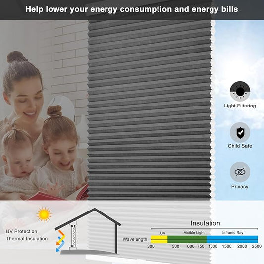 Changshade Custom Cordless Cellular Window Blinds, Light Filtering Pleated Honeycomb Shades, 1.5 inch Single Cell Cellular Shades for Home, Bedroom, Bathroom, French Door, Black, JZCMC-CEL-BK-D