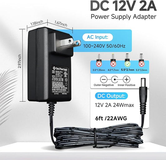 Power Adapter AC 100-240V to DC 12V 2A (2000mA) & 4-Way Power Splitter Cable for CCTV Security Cameras/DVR/NVR/LED Strip Lights/Routers and More, UL/FCC/CE Certificated (6ft)