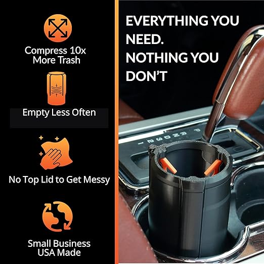 Trash Trapper Car Trash Can Cup Holder | Mini Car Trash Can | Fits in Most Doors | 5.1" x 2.9" | Traps More & Empties Less, Patent-Pending Compaction, Holds Weeks of Small Garbage, Black