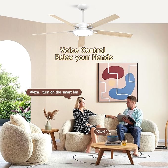 Roomratv 62 Inch Smart Ceiling Fan Compatible with App/Alexa/Google home | White,Beep-Off Function,Ultra Quiet,Bright and Dimmable Led Light,Energy saving,Reversible,Indoor/Outdoor Use