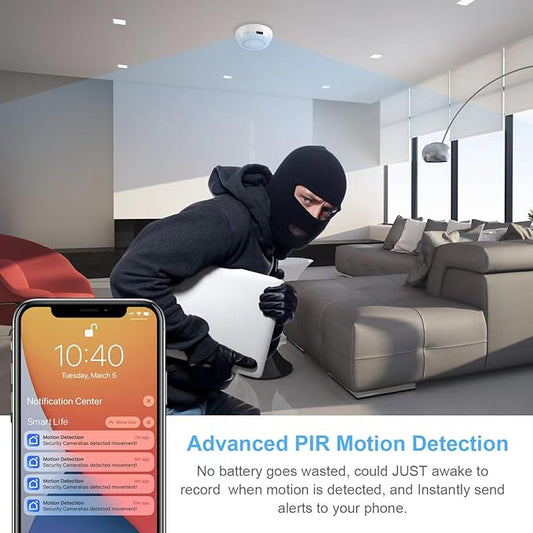 Hidden Camera Smoke Detector Wireless WiFi - Nanny Cams with Cell Phone App - 180 Days Battery Power, Night Vision, Motion Detection, Sideways Lens for Indoor Security, No Audio