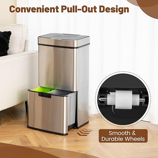 Goplus 19 Gal Motion Sensor Trash Can, 72 L Volume in 4 Containers, Touchless Trash Bin w/Kitchen Waste Bin & 2 Bottom Recycling Bins, Stainless Steel Garbage Can w/Soft Close Lid, Battery Operated