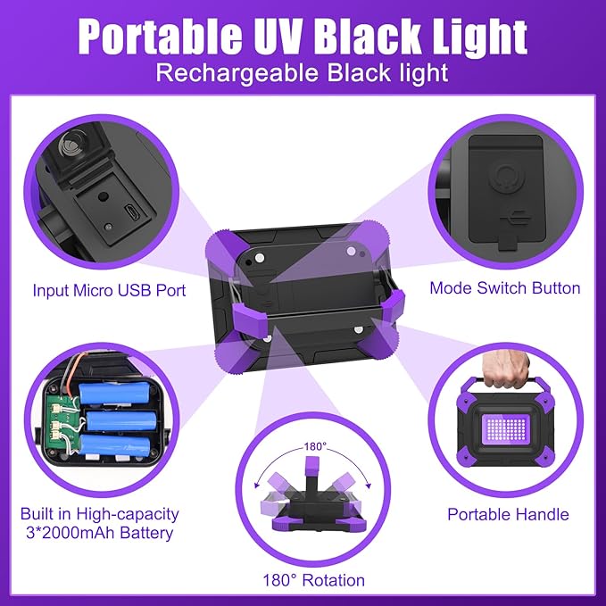 T-SUN Rechargeable Black Lights, Battery Powered Blacklights for Glow Party Fishing Cordless Black Light Ultraviolet Flood Light Outdoor Waterproof, Body Painting, Fluorescent Poster 1Pack