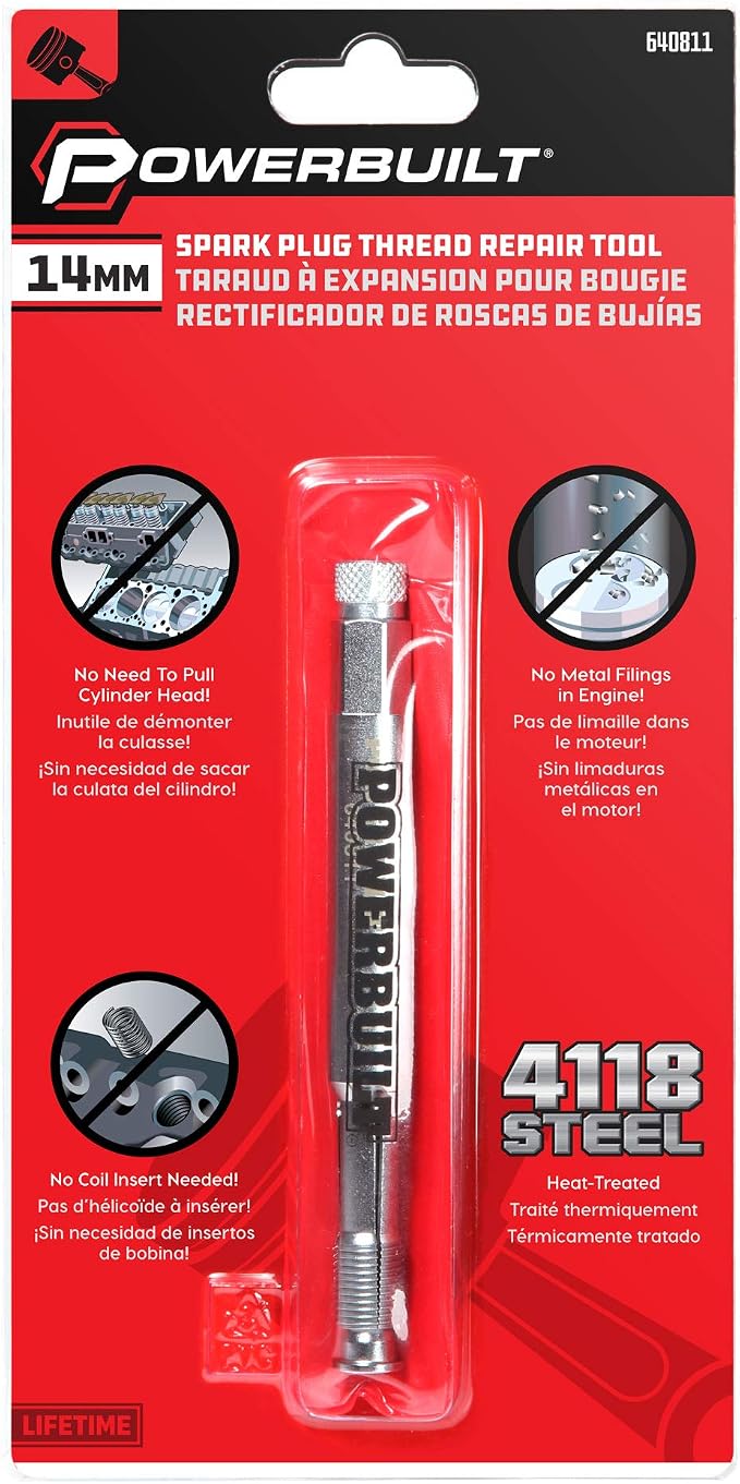 Powerbuilt 14mm Back Tap Spark Plug Thread Repair Tool, Straightening Tool, Motorcycle Spark Plugs, Repairs Damaged Threads, Collapsible Design - 640811