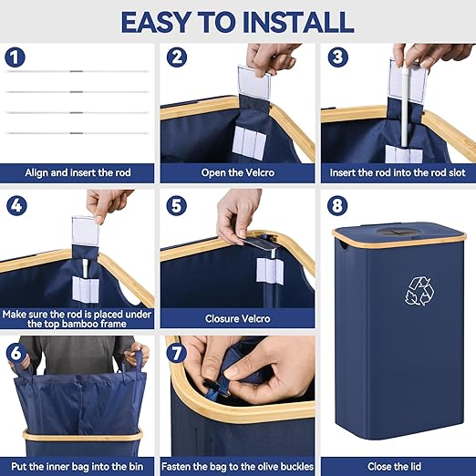Recycling Bin for Kitchen, 26 Gallon 100L Indoor Home Recycle Bin with Lid and 2 Removeable Reusable Inner Bags, for Bottles, Cans, Glass, Plastic & Stickers, Blue