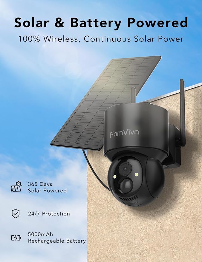 2K Solar Security Cameras Wireless Outdoor, 360°PTZ Battery Powered Cameras for Home Security, 2.4G WiFi Outdoor Camera with Color Night Vision, IP66 Waterproof, Motion Sensor Alarm, Black-2P