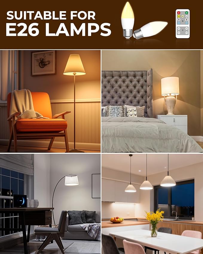 Lustaled 4W E26 LED Light Bulb with Remote Control, Dimmable B11 Edison Candle Light Bulbs 40 Watt Equivalent, 3 Color 3000K/4000K/6000K & Timer, 120V Candelabra Medium Base for Lamps, Chandeliers