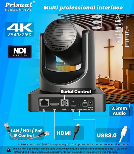 Prisual 4K NDI PTZ Camera, Advanced PTZ Auto Tracking 20X HDMI/USB3.0 PTZ Camera, 1/1.8”4K UHD 30P with Built-in Tally Light for Church Conference Events, PoE, PT20X-4K-N