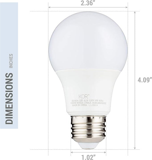 KOR 6 Pack A19 LED Light Bulb, 60W Equivalent, 5000K Bright White, 800 Lumens, Efficient 9 Watt Replacement Bulbs with E26 Standard Base, 15000 Long Life Hours, Non-Dimmable, 80+ CRI, UL Listed