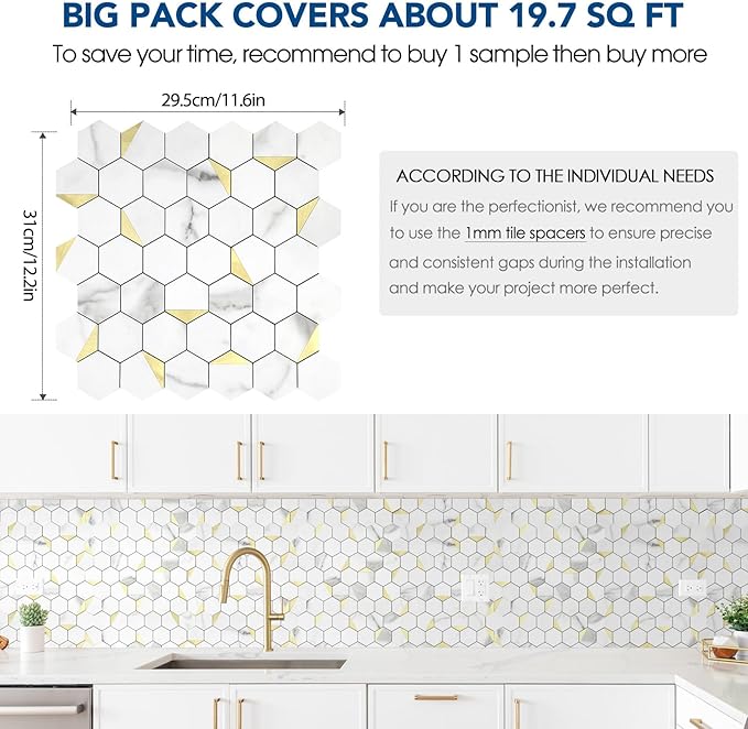 10-Sheet Heavy-Duty Hexagon Peel and Stick Backsplash, Thick Waterproof &Heat Resistant Stick on Wall Tiles, Marble White Mosaic for Kitchen & Bathroom, Strong Adhesive Permanent PVC Tiles