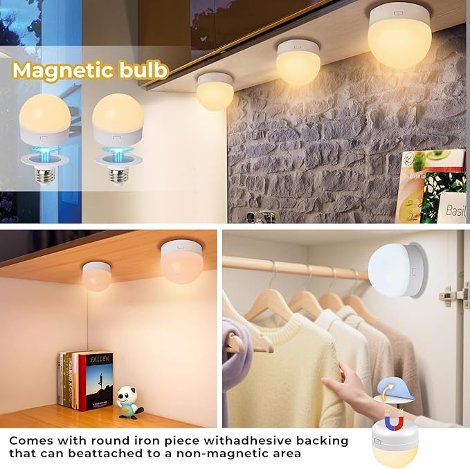 Rechargeable Light Bulb with Remote and Timer Rechargeable Magnetic Bulbs for Sconces and Lamps E26 Battery Light Bulb 3 Color Temperatures,15 RGB Colors,2 Pack