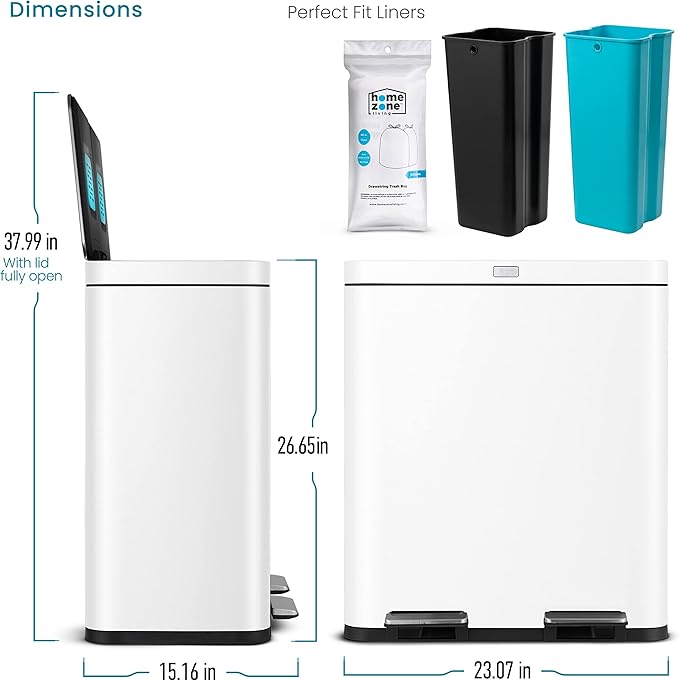 Home Zone Living 16 Gallon Kitchen Trash Can with Dual Compartments for Recycling and CleanAura for Odor Control, Stainless Steel, White, 60 Liters Total