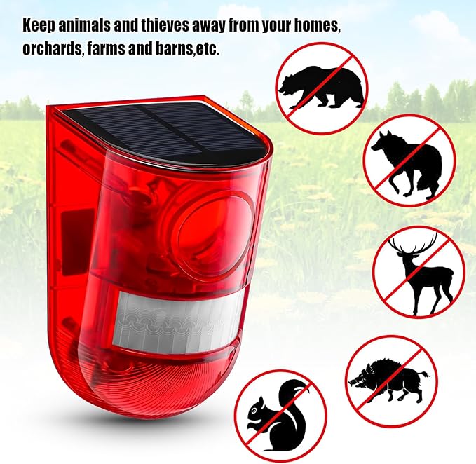 Qualirey Solar Sound and Light Alarm Motion Sensor 129db Outdoor Security Siren Waterproof Activated Detector Driveway Alarm 6 LEDs Flash Warning Deterrent Strobe System for Home, Farm(Red,2 Pack)