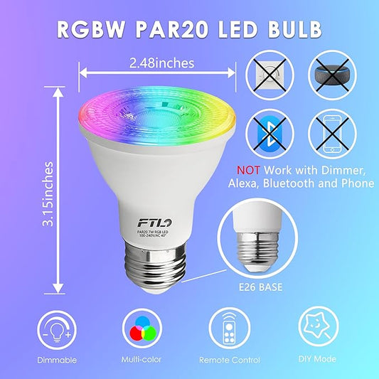 FTL PAR20 LED Bulbs Color Changing Light Bulbs with Remote Control, Dimmable RGB Colored Bulbs 2700K-6000K 7W 60W Equivalent, Timer,30 Colors, Flood Light for Track Recessed Lighting, 6-Pack